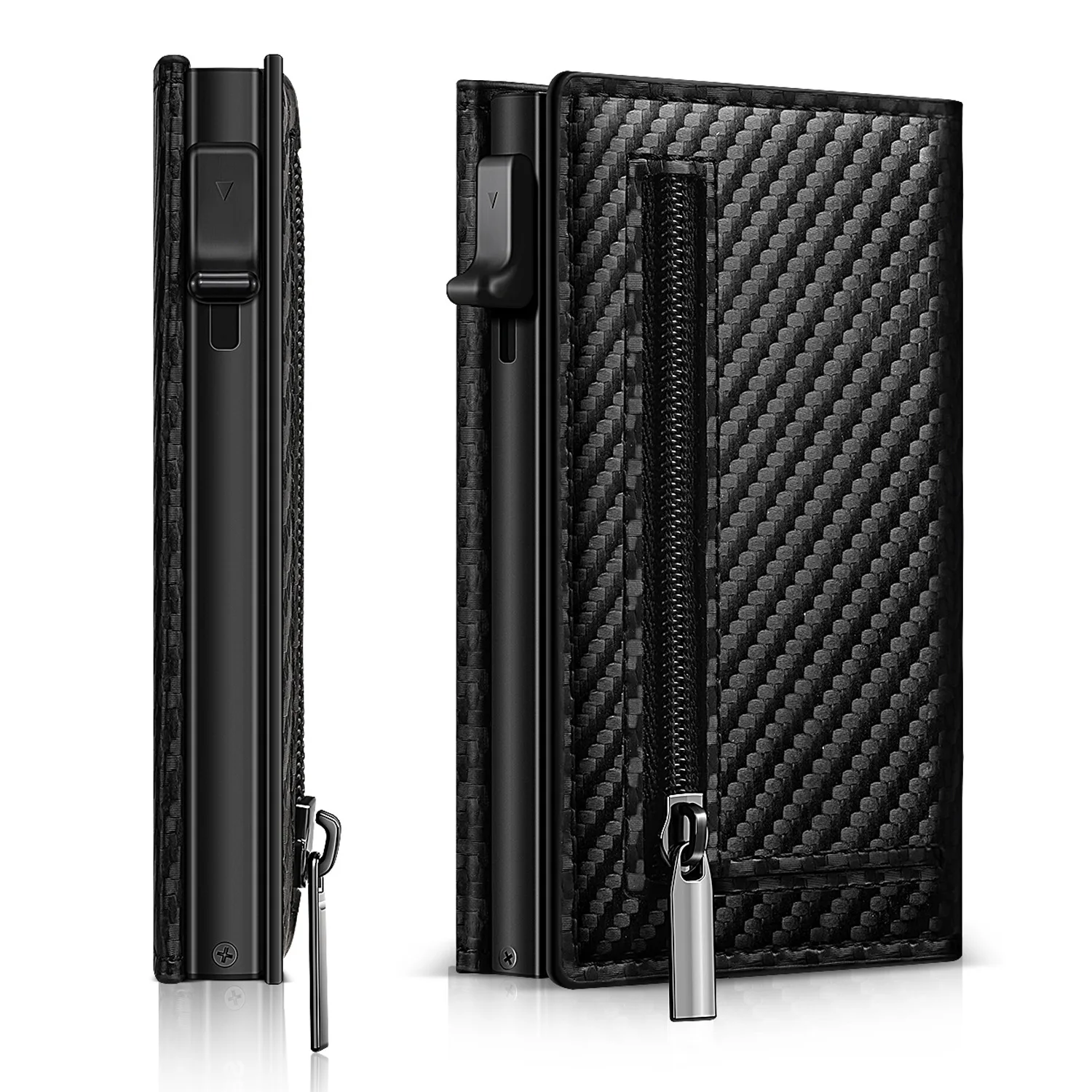 Men's Carbon Fiber Magnetic Card Holder PU Leather RFID Three-fold Automatic Card Holder With Zipper Coin Purse AirTag Wallet