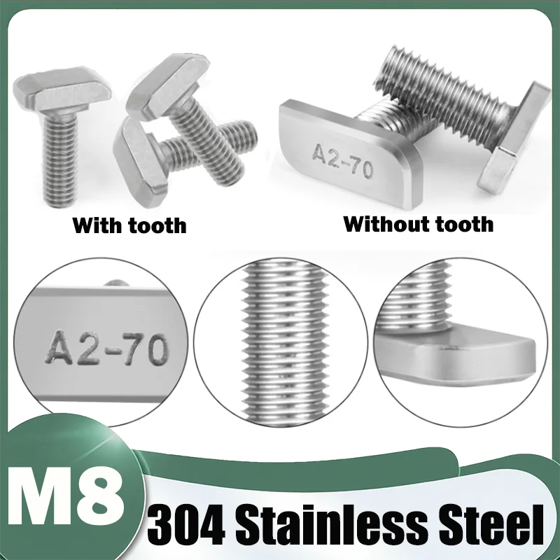 5Pcs M8 T-Bolt 304 Stainless Steel T-Screws Locking With Tooth/Without Tooth Flange Nuts For Solar Panel Mounting PV Rails