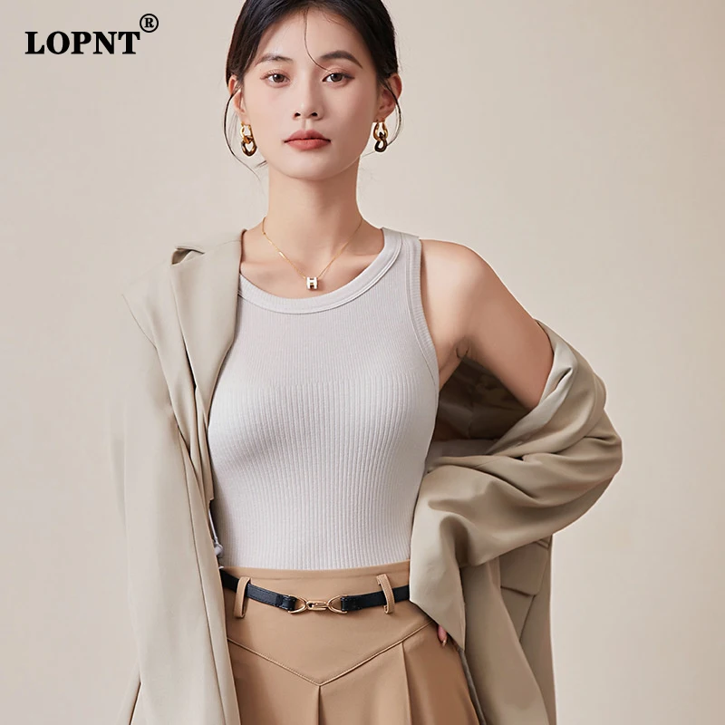 Lopnt Seamless High Elastic Tank Top Solid Color Ribbed Knitted Vest Women O Neck Sleeveless Top Female Slim Warm Undershirt