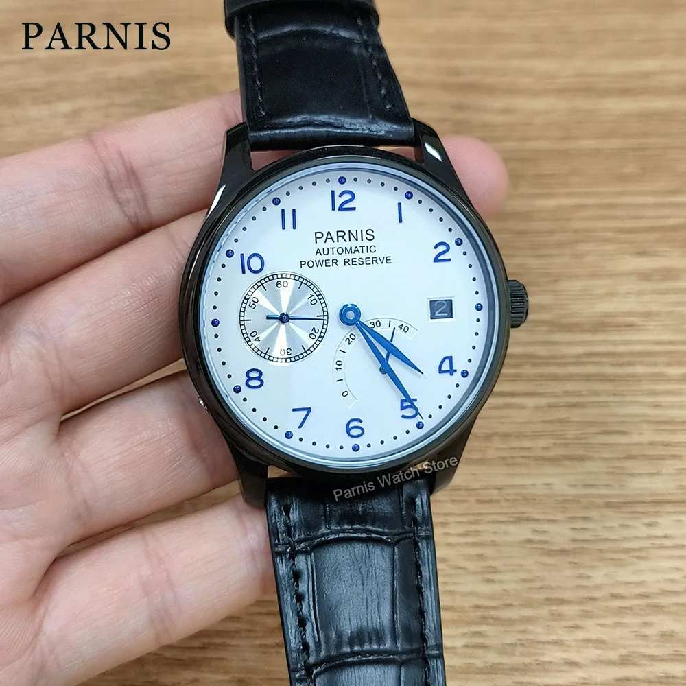 

43mm Parnis Power Reserve Automatic Movement PVD Black Case Men Boy Mechanical Watch Small Second Blue Marks