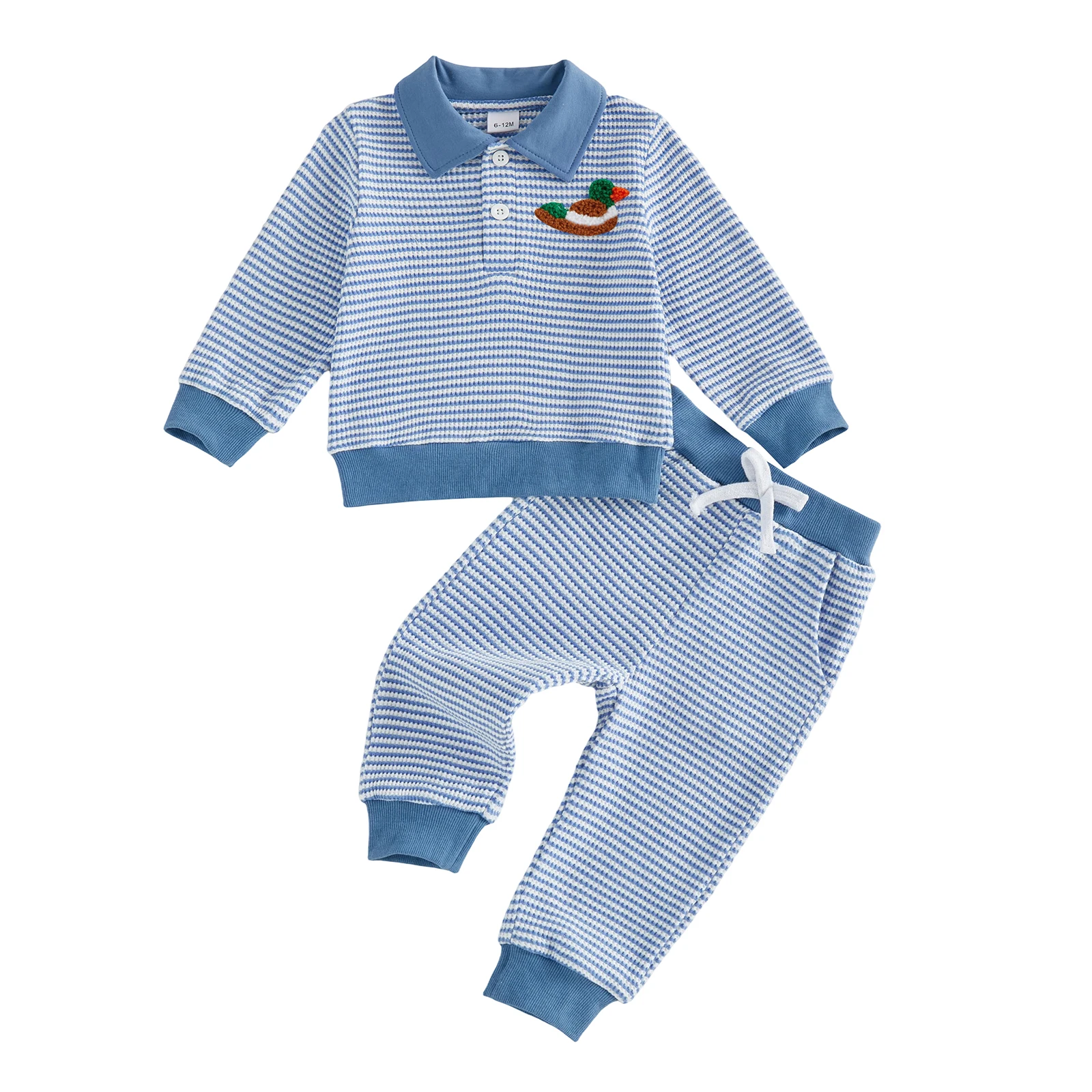 Toddler Boy Fall Outfits Waffled Stripe Long Sleeve Lapel Duck Embroidery Pullover Elastic Waist Pants 2 Pcs Set