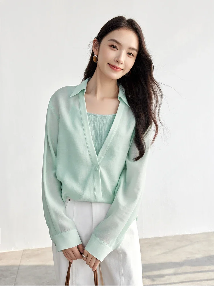 SENTUBILA Lyocell 2 in 1 Women Blouse 2025 Spring Casual Irregular Patchwork Turn Down Collar Solid White Shirts 151C57470