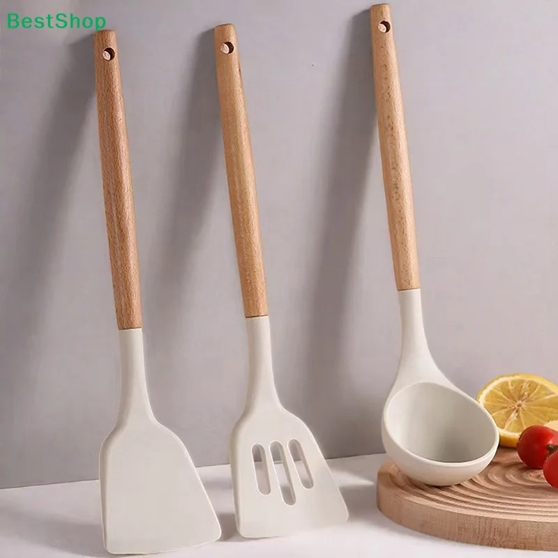 ♥ Juego de utensilios de cocina de silicona con mangos de madera - Espátula y cuchara resistentes al calor para utensilios de cocina antiadherentes