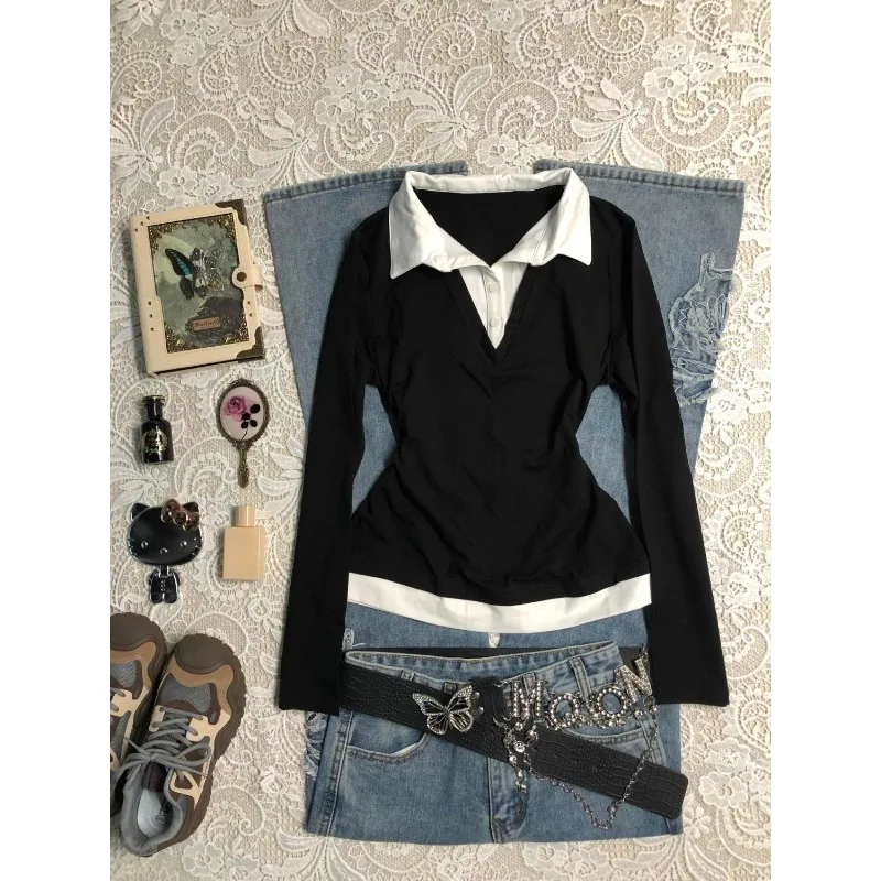 

Американская поддельная футболка из двух предметов контрастного цвета с v-образным вырезом и длинными рукавами, женский новый осенний топ