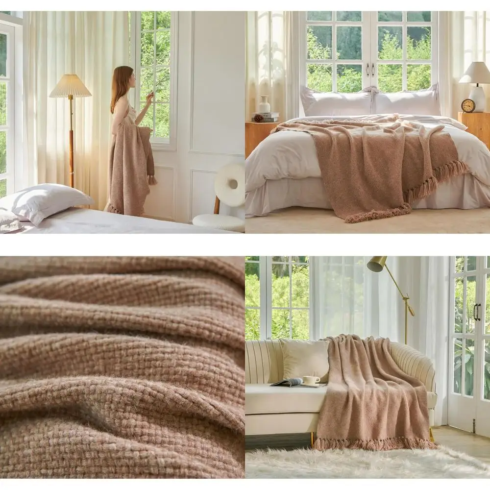 

Элегантное одеяло из мериносовой шерсти альпаки с кисточками, мягкое, теплое, гипоаллергенное покрывало для дома, вереск верблюда, 50x60