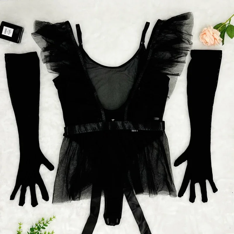 

Bikini Lace See-through Sexy Mesh Suit Pettiskirt Gloves Sexy Lingerie Three-Piece Set