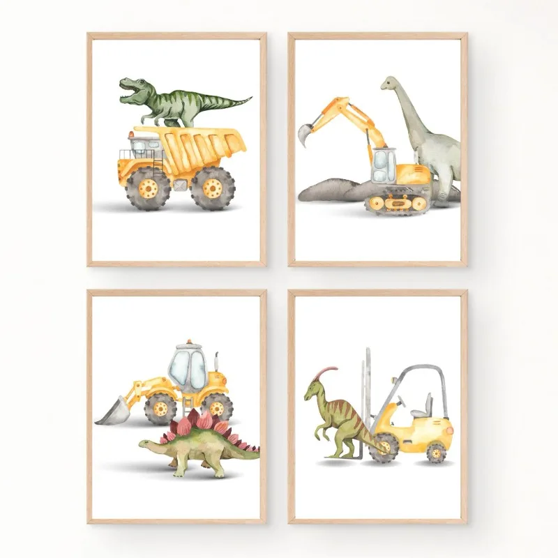 Cute Dinosaurs and Construction Trucks Excavator Bulldozer Posters and Prints Canvas Printing Wall Art Picture for Bedroom Decor