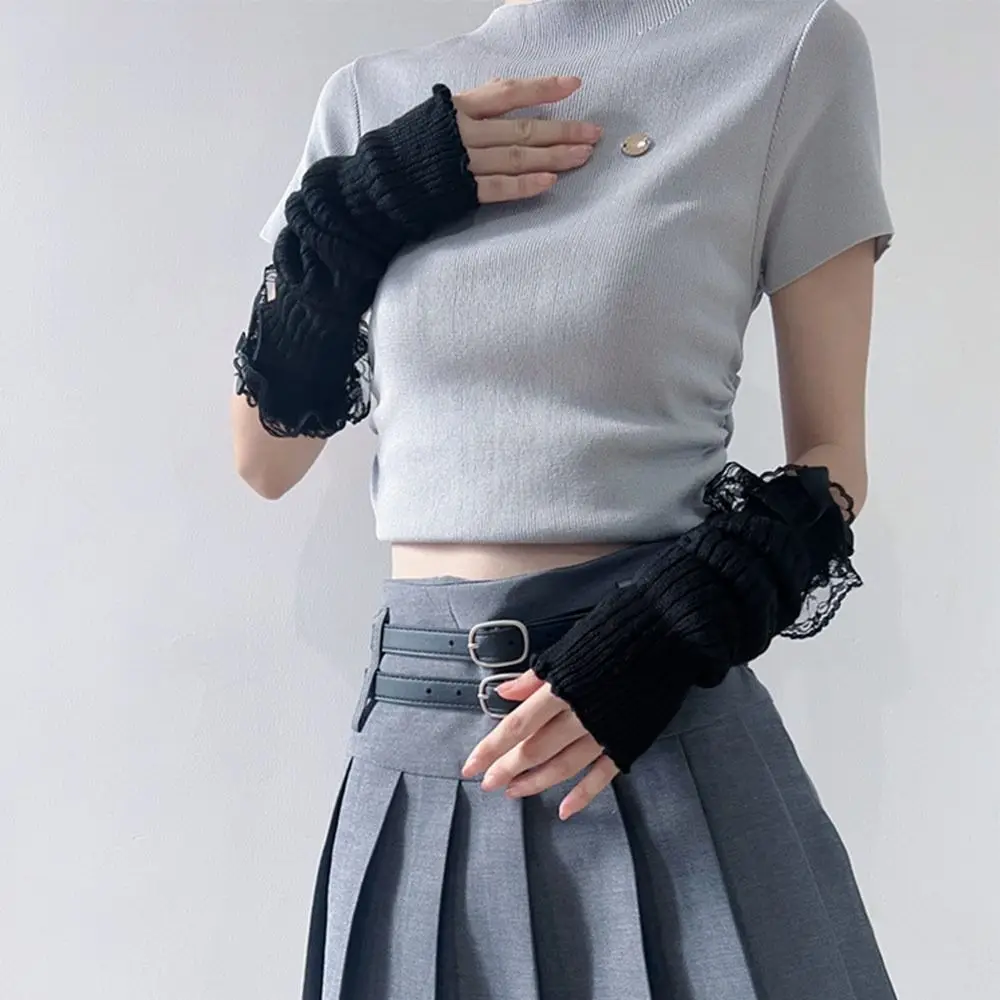 Fingerless ยาวถุงมือปลอมแขนสีดําสีขาวข้อศอก Mittens แขนแขนอุ่นถักถุงมือสําหรับสตรี
