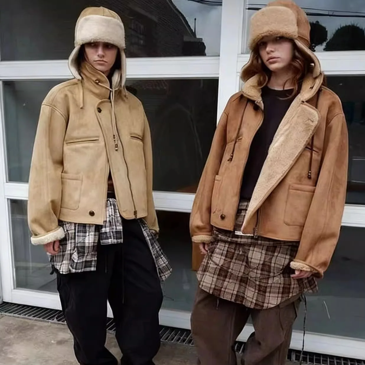 الشتاء فرو الضأن الجلد المدبوغ دراجة نارية Jaet سستة طوق معطف المرأة فضفاضة تناسب طويلة Sve الرجعية Sle الداخلية eep المخملية #1