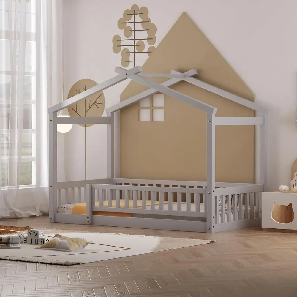 

Twin Size Wooden House-Shaped Bed with Safety Features and Door, Suitable for Kids, Playhouse Style, Gray