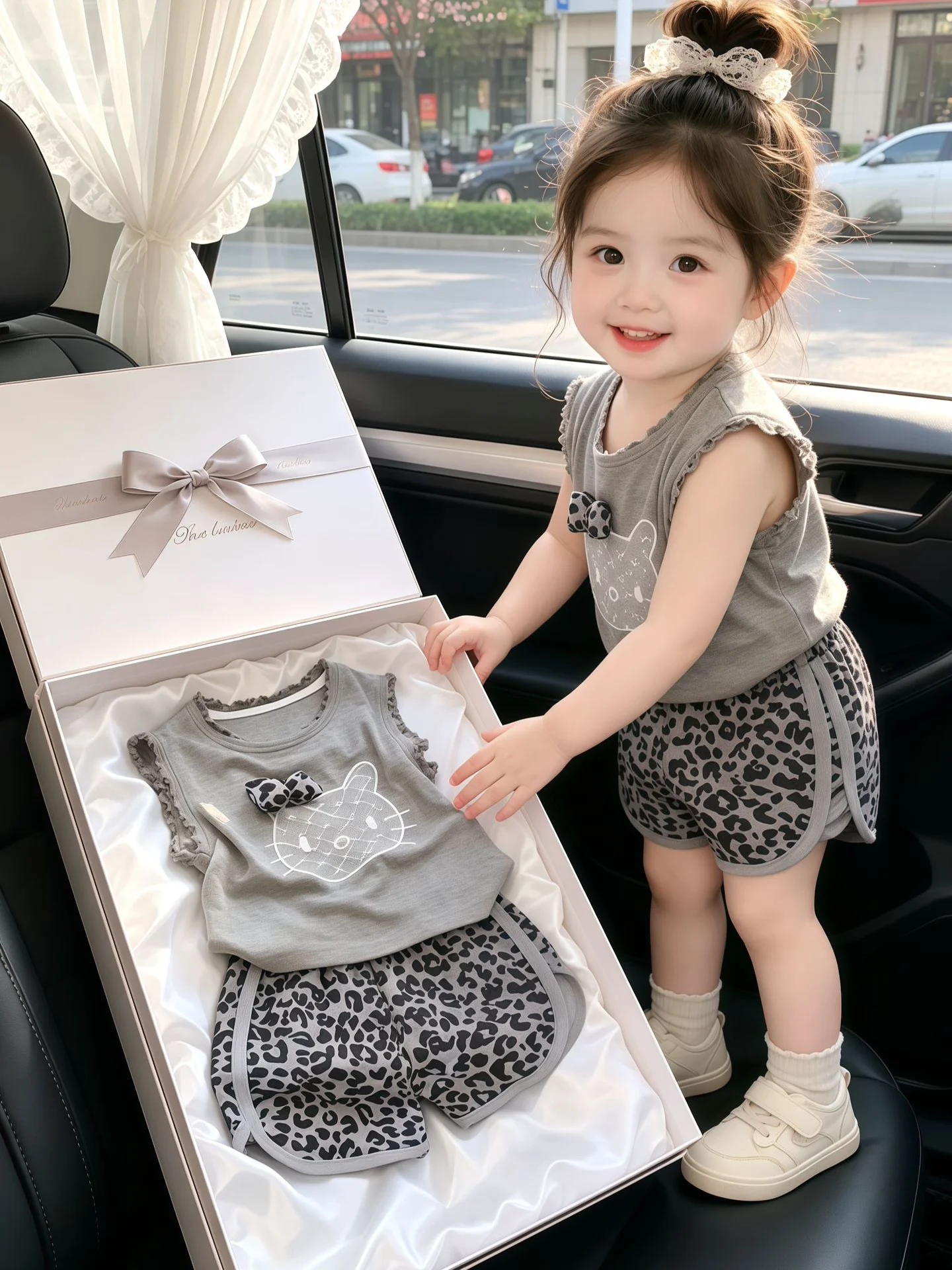 女の子の夏服バタフライノット猫プリントヒョウ柄ショートパンツかわいい子供セットベビー服通気性快適キッズアンサンブル