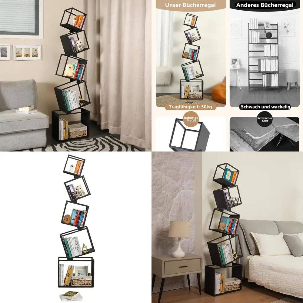 

67 Tall 5-Tier Black Metal Corner Bookshelf - Slim Space-Saving Bookcase for Home & Office
