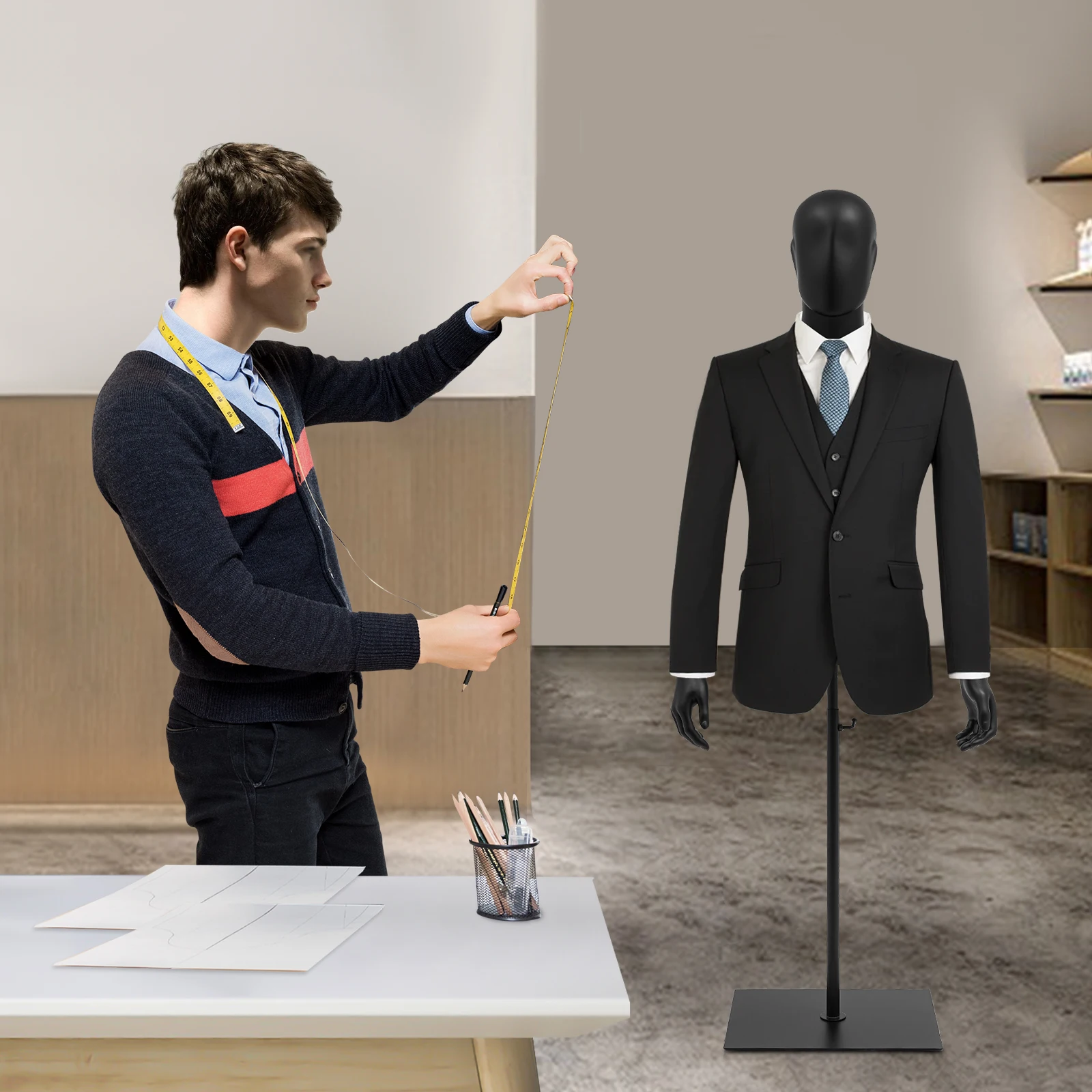

Professional Adjustable Male Dress Form Mannequin with Metal Stand - Floor Standing Display for Tailoring Fitting Sewing Design