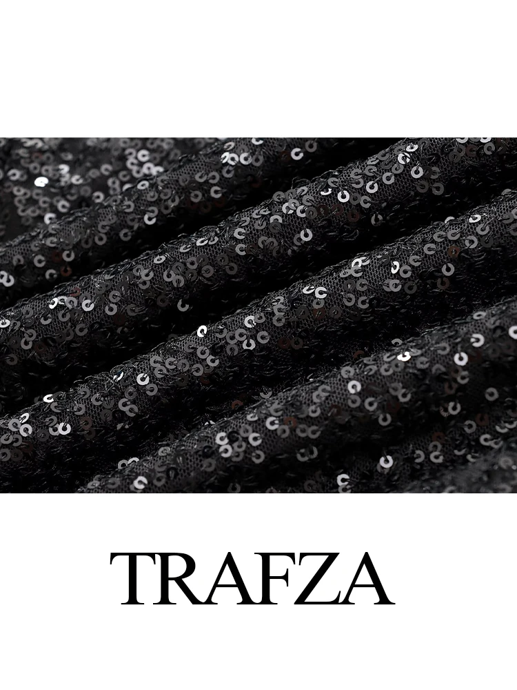 TRAFZA Women Skirt 2-Piece Set Fashion Sequined Turtleneck Slim Top+Female Temperament Elegant Bow Decorated Wrap Mid-Calf Skirt