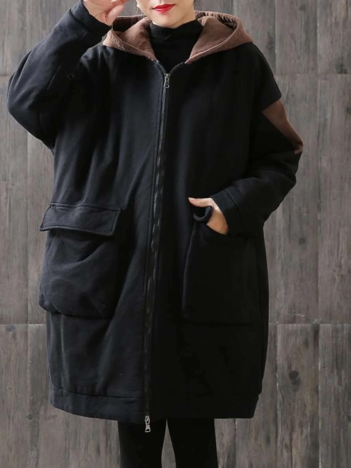 

Women's Loose Fit Zipper Hooded Thiened Cotton Jaet Autumn Winter Warm Outerwear Color Blo Korean Sle Casual Coat