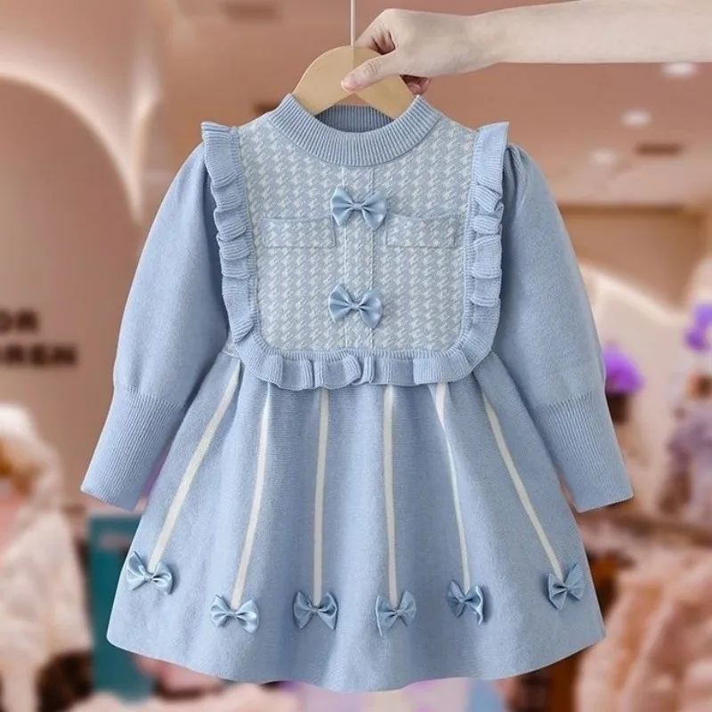 Girls\' Dress Winter New Style Western Dress Children\'s Autumn and Winter Princess Dress Baby New Year Red Knitted Dress