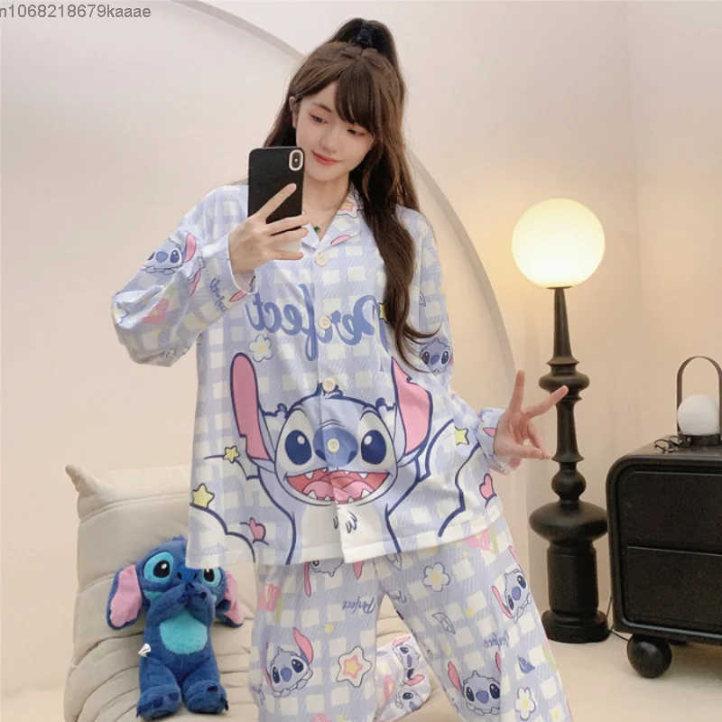 Stitch Cartoon Korean Version Cute Pajamas Set Women New Long Sleeved Fashion Sleepwear Y2k Sweet Girl Style Casual Home Clothes