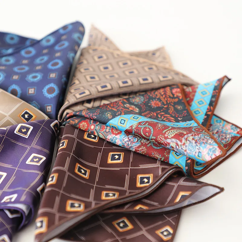 2025 New Luxury Floral Dots Printed Pocket Square Men's Formal Wear Business Blue Handkerchief Simulated Silk Hanky Suit Towel