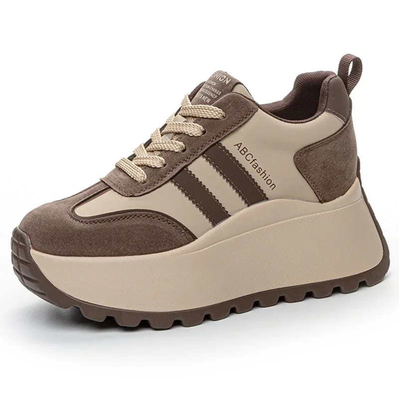 New Thick-soled 8CM Wedge Heels Non-slip Women\'s Casual  Sports Shoes Fashion Round-toed Lace-up Outdoor Hiking Women\'s Sneaker