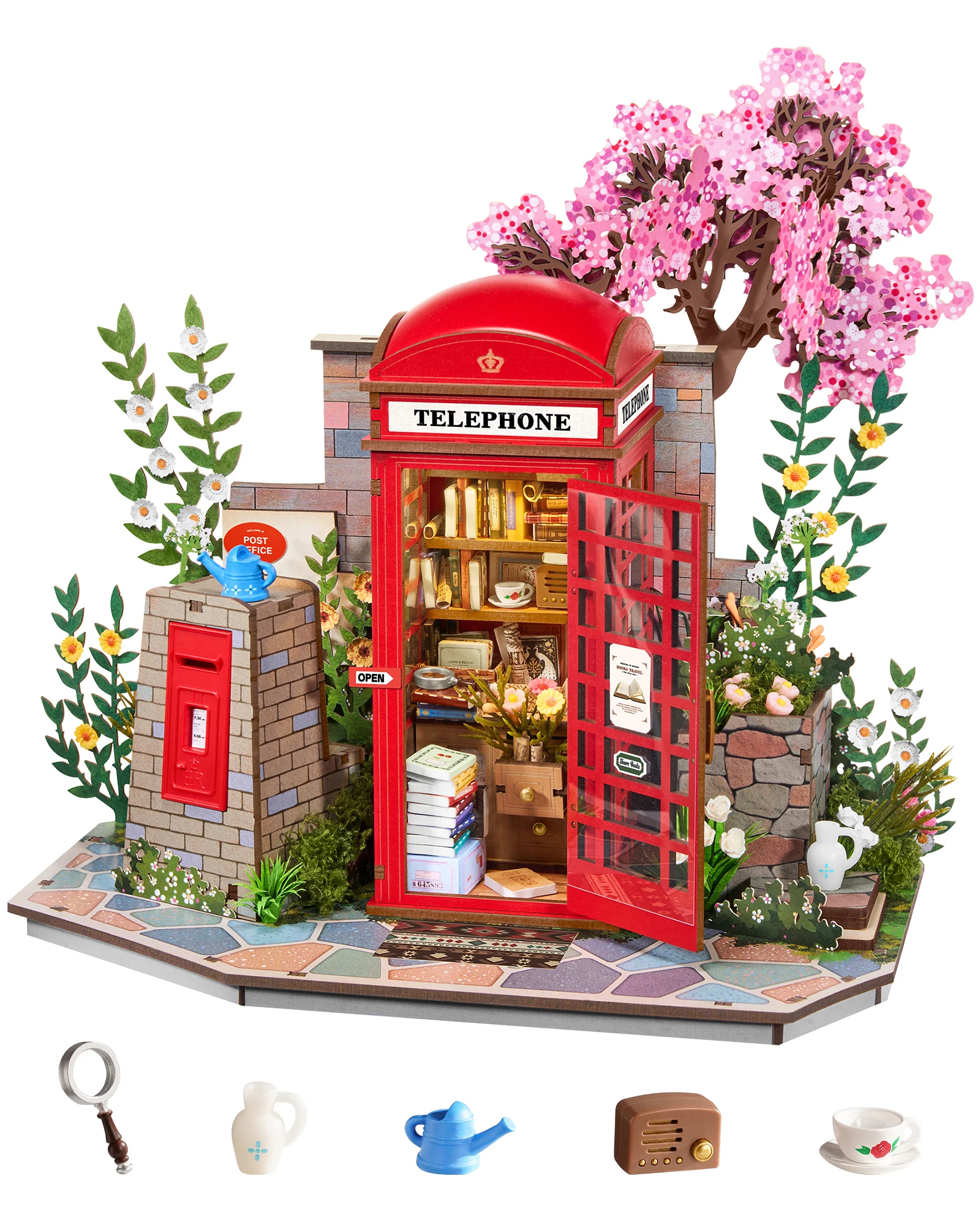 Robotime 3D-Puzzle, rote Londoner Telefonzelle, Blossom Book Booth, mittleres Niveau, Holzmodellbausatz für Erwachsene, Bauset, Heimdekoration, kreatives Geschenk.