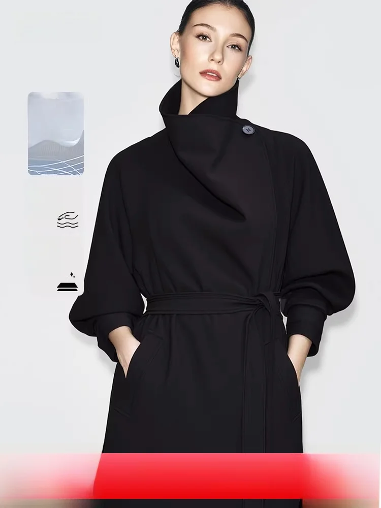 

i Commuter Sle Women's Coat Belted Loose Fit oulder Sve Large Collar Anti-Wrinkle No-Iron Mid-Length Spring New