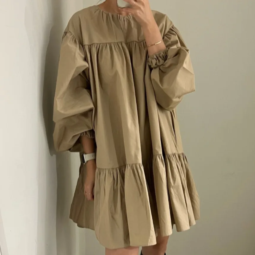 

Loose Long Sve Dr Women's Korean Sle Spring Autumn Splicing Gown Girl's Soft Cotton Lantern Sve A-Line Dr