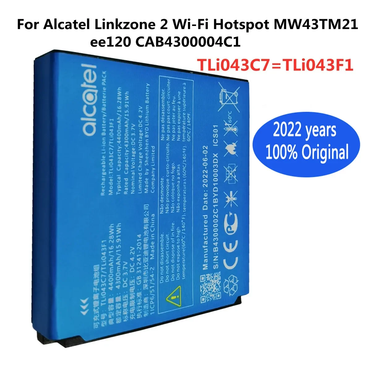 

New Original 4400mAh TLi043C7 Battery For Alcatel Linkzone 2 Wi-Fi Hotspot MW43TM21 ee120 CAB4300004C1 TLi043F1 Phone Batteries