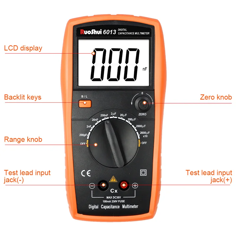 RuoShui6013 Digital Capacitance Meter High Precision Handheld Capacitor Tester Auto Tool 200pF-20000uF Inductance LCR Multimeter