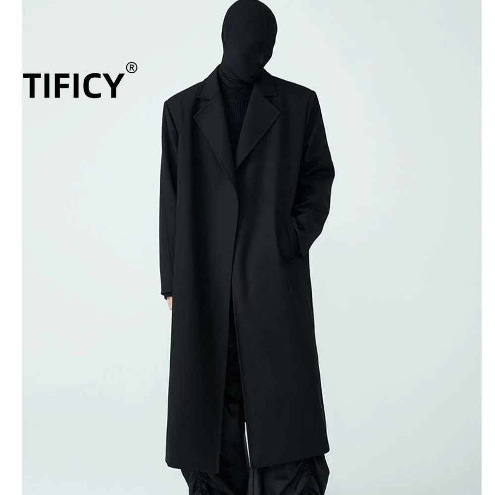 

High Street Long Woolen Trench Coats Trench Coat Men's Wool Buttonless Loose Shoulder Pads Mid Length Spliced Black Coat