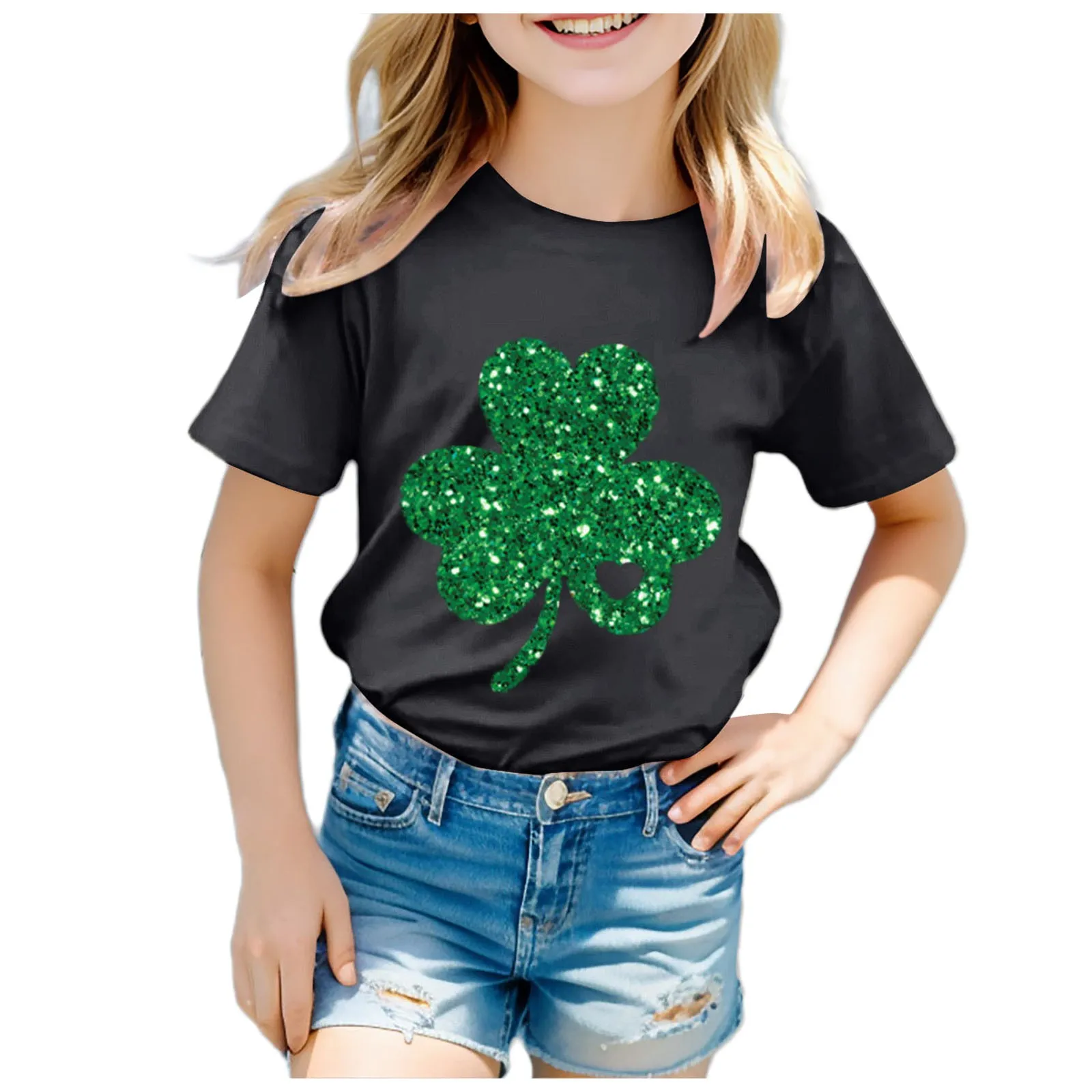 

Tops for Toddler Girls St. Patricks Day Four Leaf Print Children's Casual Round Neck Short Sleeve T Shirt Little Girl Tunics