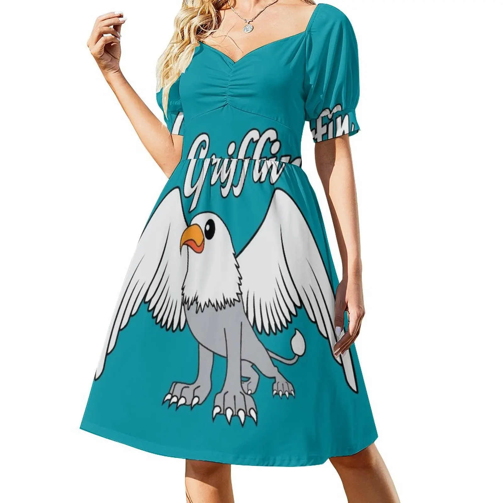 فستان Griffin مع عنوان Preppy Style قصير للنساء على شكل حرف a فضفاض مناسب فستان يوم غير رسمي Griffon Griffin Eagle الأسد الأساطير