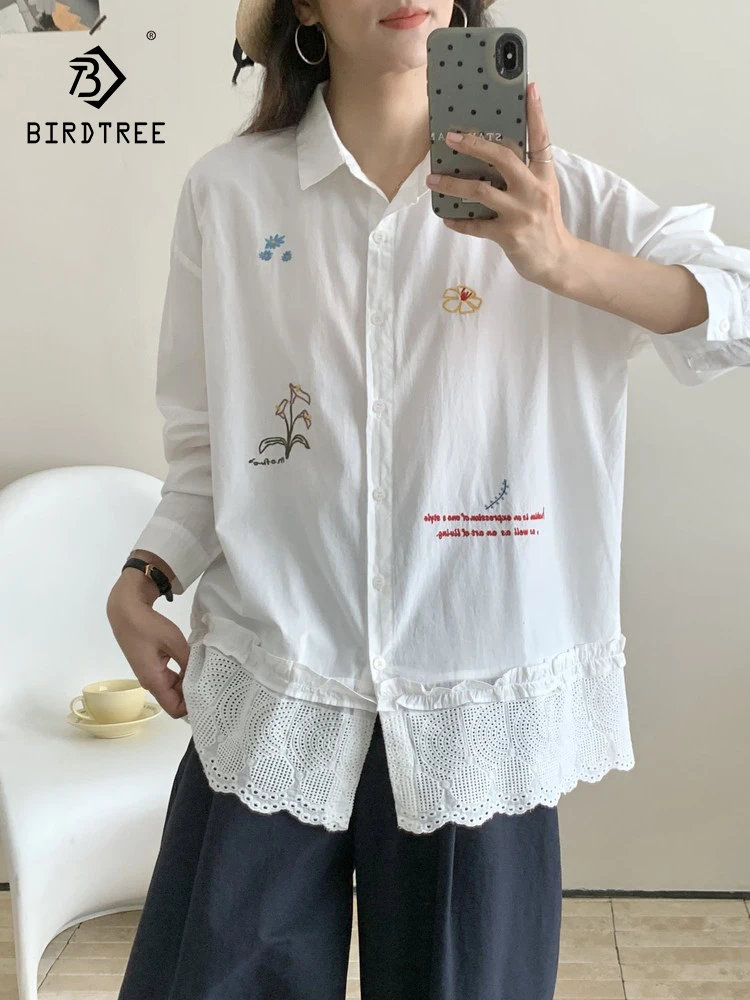

New 2025 Winter Cotton Long Sleeve Shirt, Women Turn-down Collar Embroidery, Mori Girl Lace Patchwork Chic Loose Blouse T5N655CC