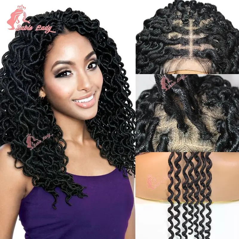 Synthetische Volle Spitze Frontal Geflochtene Perücken Schmetterling Twist Zöpfe Perücke für Schwarze Frauen Lockige Welle Knotenlose Box Zöpfe Faux Locs Perücke