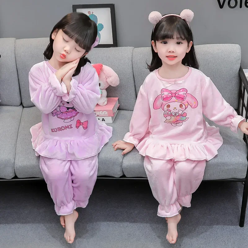 Girls Sanrio Pajamas Kids Kuromi My Melody Cartoon Long Sleeve Clothing Sets Baby Casual Home Sleepwear Clothing Nightgown Suits