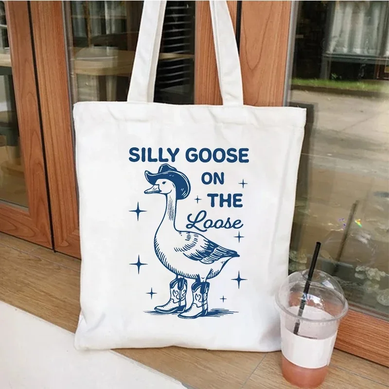 سخيفة أوزة على فضفاض ريترو قماش حمل حقيبة الرجال قابلة لإعادة الاستخدام المتسوق حقيبة Harajuku موضة المرأة أوزة حقيبة كتف حقائب اليد