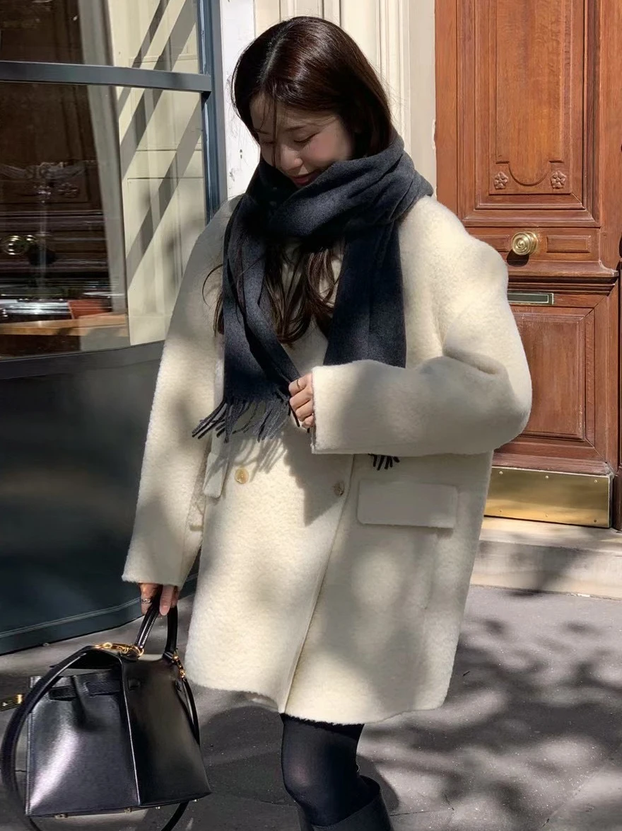 

K-Drama Inspired Woolen Coat Women's Gentle Warm Double-Breasted Lapel Fluffy Outerwear Long Sve Commute Pure Color