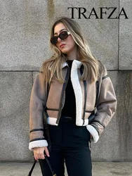 TRAFZA 2023 Winter Women Fashion Jacket Plus Velvet Turn Down Collar Loose Coat Woman Warm Elegant High Street Female Jackets