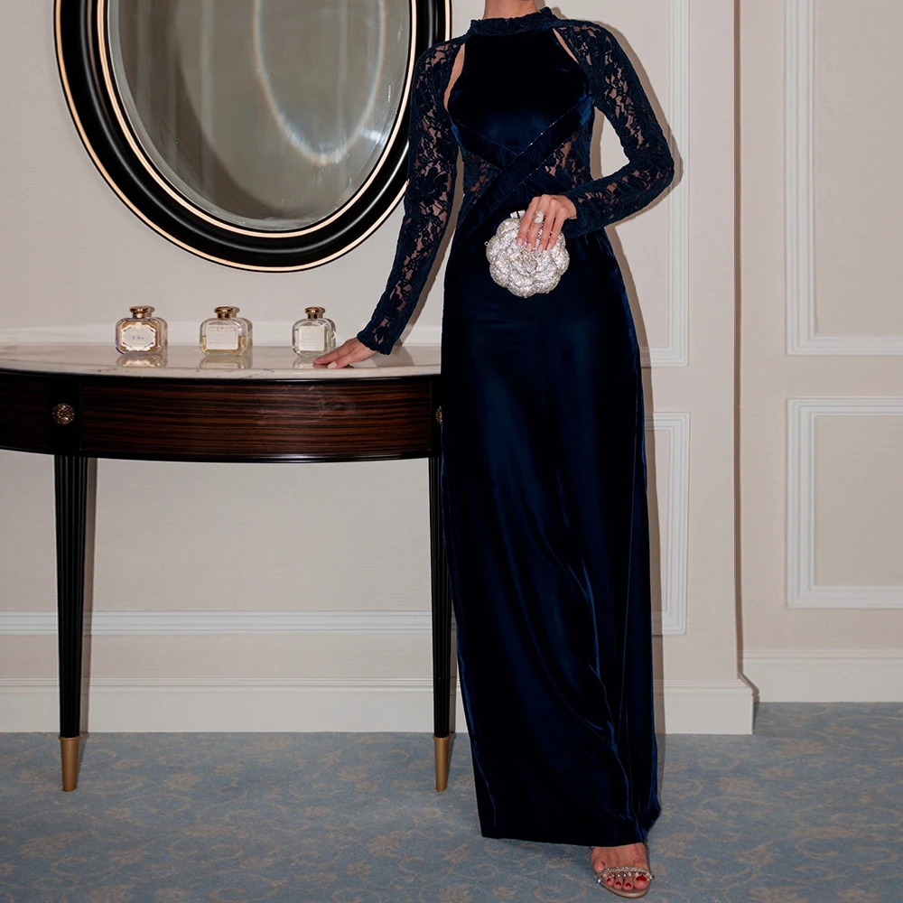 Customized Straight Evening Dresses Floor-length High-neck Full Sleeve Prom Gown Simple Fashion Lace Backless Casual Party Gown