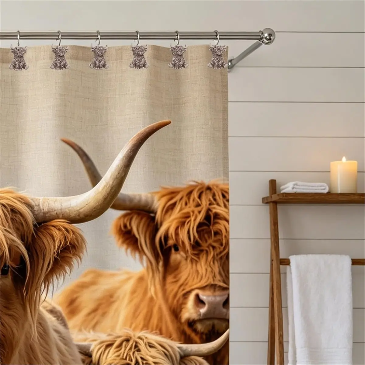11·11COUPON 12-Piece Highland Cow Shower Curtain Hooks, Farmhouse Rustic Stainless Steel Decorative Shower Hangers Rings