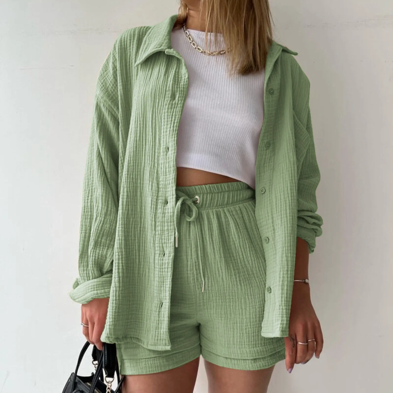 2 Piece Set 2024 Women Summer Shorts Suit Long Sleeve Lapel Button Up Loose Casual Shirts+High Waist Drawstring Short Pants Sets