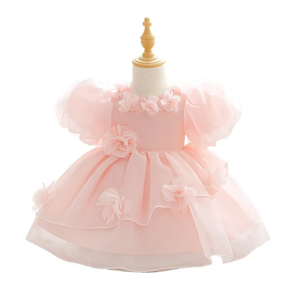 Pink 3D Floral Puff Sleeve Layered Tulle Princess Dress Cute Kids Girls Wedding Birthday Holiday Formal Pageant Costume ASQ03 view 5