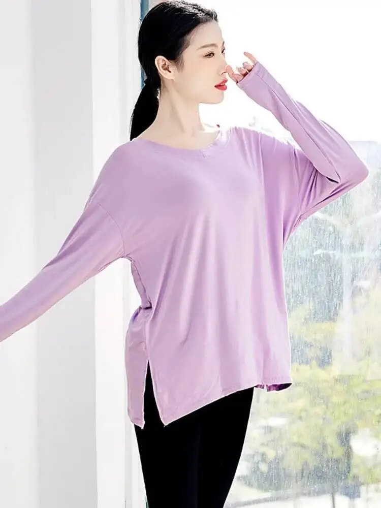 Camicia da pratica di danza moderna con scollo tondo in tinta unita, vestibilità ampia, manica lunga, comodo costume da balletto per spettacoli teatrali