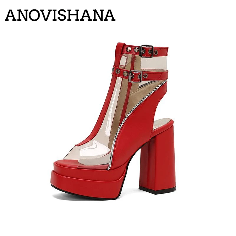 ANOVISHANA Double Platform Women Shoes Pointed Toe Gladiator Sandals Plus Size 46 47 48 Metal Belt Buckle Decoration