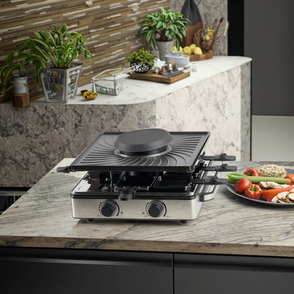 Parrilla eléctrica con certificación CE, diseño cuadrado para raqueta de queso suizo para 8 personas, dos controles, para el hogar y el hotel