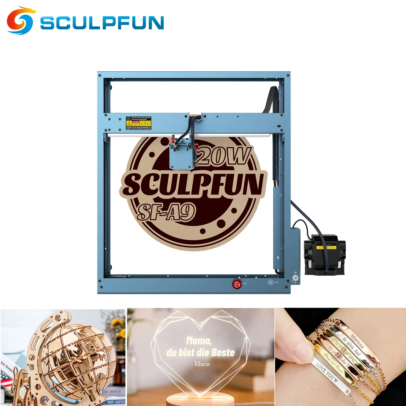 SCULPFUN SF-A9 20W Laser Engraving Machine 400*400mm Working Area with Precise Focusing and Air Assist CNC Laser Cutter Engraver