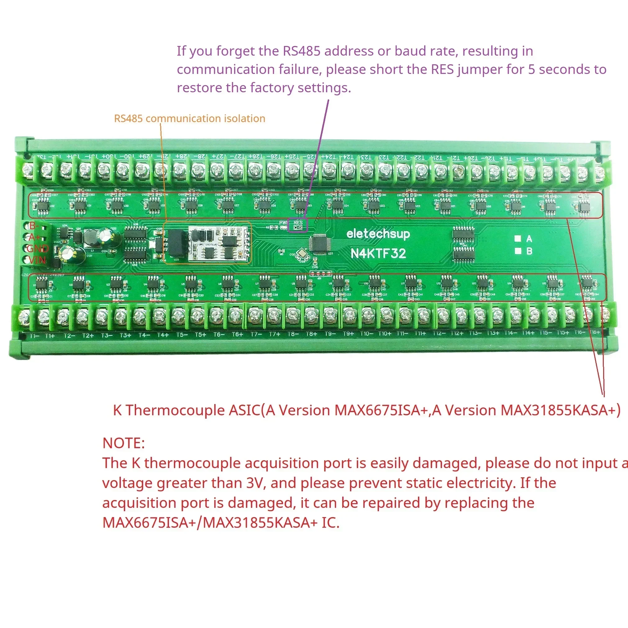 

32CH K Thermocouple -200-1350C Ultra-wide Temperature Collector RS485 Analog Remote IO Board Thermocouple-to-Digital Converter