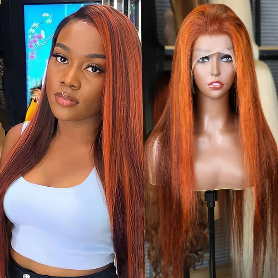 

36 inch 4/350 Highlight Wig Human Hair Straight 13x6 Hd Lace Front Wig 200% Density Ombre Orange Ginger Brown Human Hair Wig