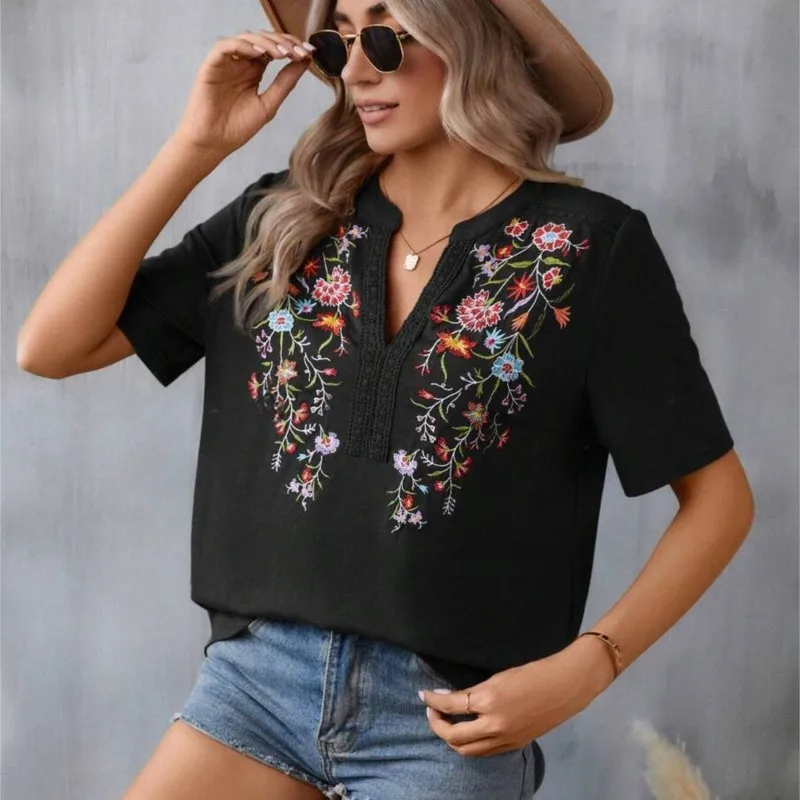 Summer New Fashion Embroidery Spliced Lace Top Women\'s T-shirt Retro Ethnic Style Loose Pullover Blouses Femme Bllusas 2024