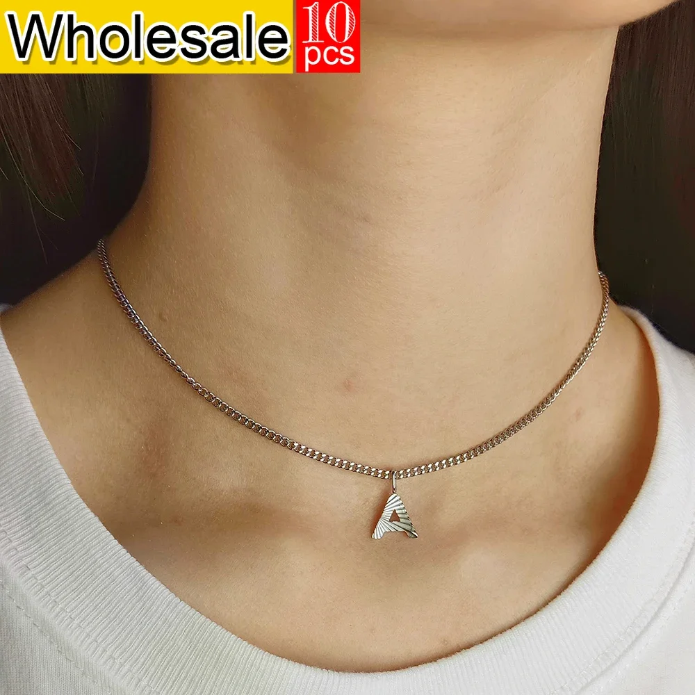 10PCS Women's Neck Chain Silvery Stainless Steel Choker Women Pendant Necklace Initial Letter Pendants Fashion Jewelry Wholesale