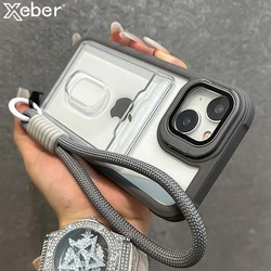 Luxury Card Holder Wallet Wrist Hand Strap Case For iPhone 17 16 15 11 12 13 14 Pro Max Clear Lens Bracket Protection Cover